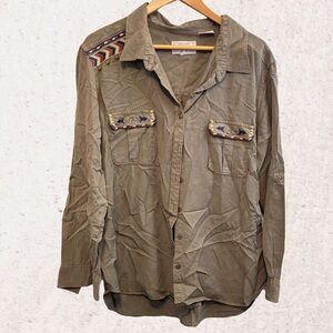 Panhandle Slim Olive Button Down Shirt with Embroidered Accents